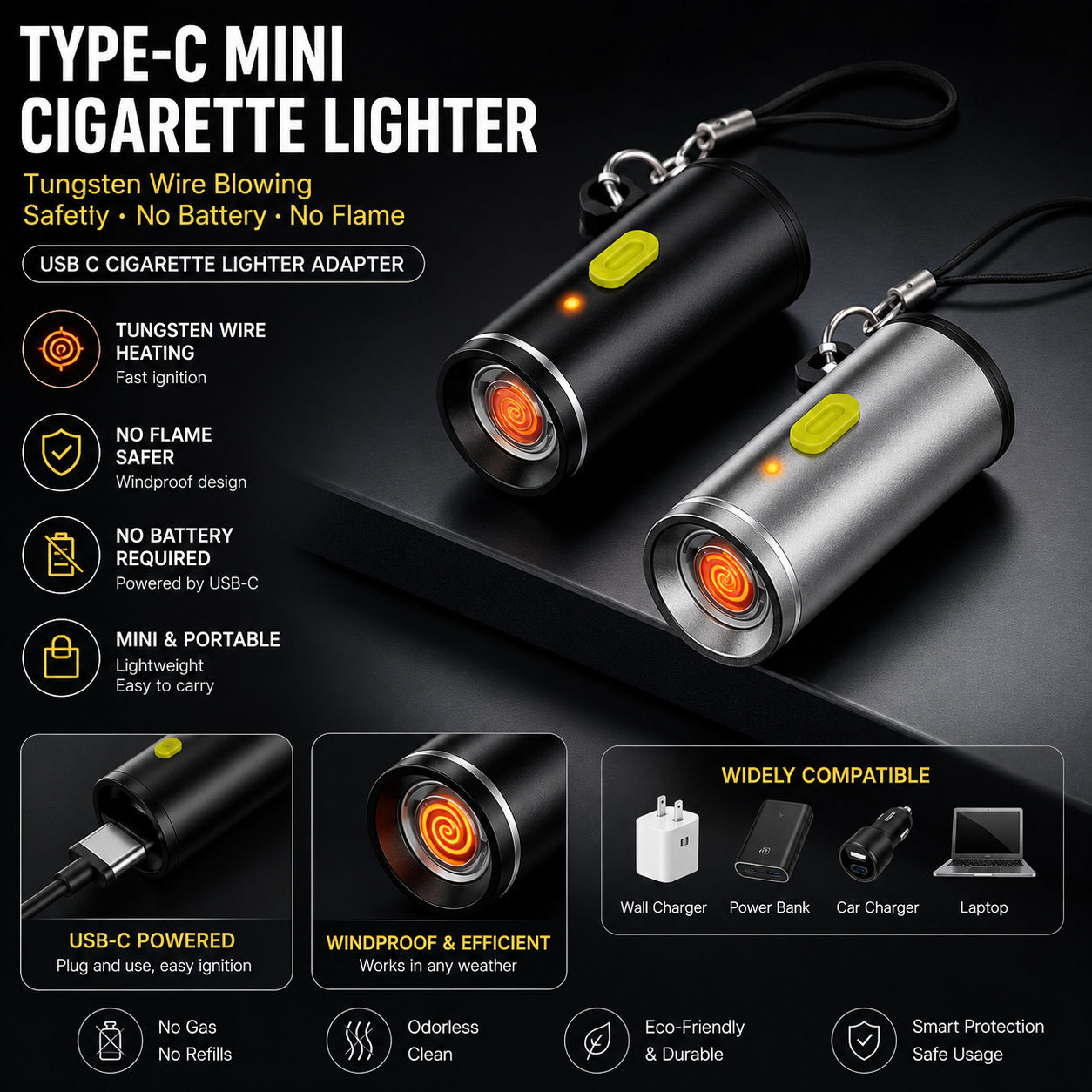 Outdoor Usb Power Adapter - Type-C Mini Cigarette Lighter Tungsten Wire